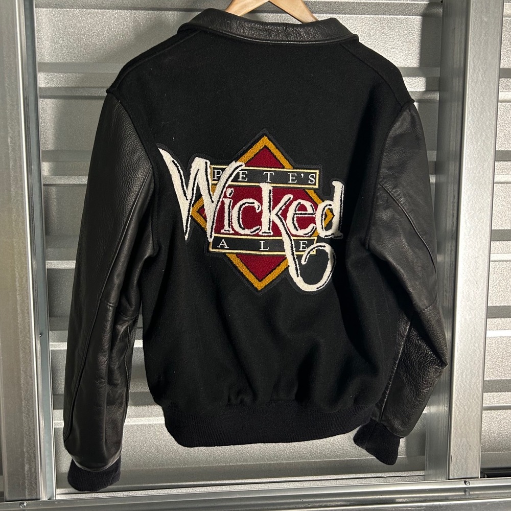 Vintage Dehen Pete's Wicked Ale Varsity Jacket Leather Wool Black Mens M USA